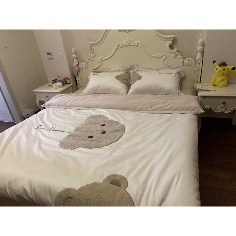 Bộ chăn ga kèm vỏ gối Teddy Bear Lụa tặng kèm gấu teddy xinh xắn