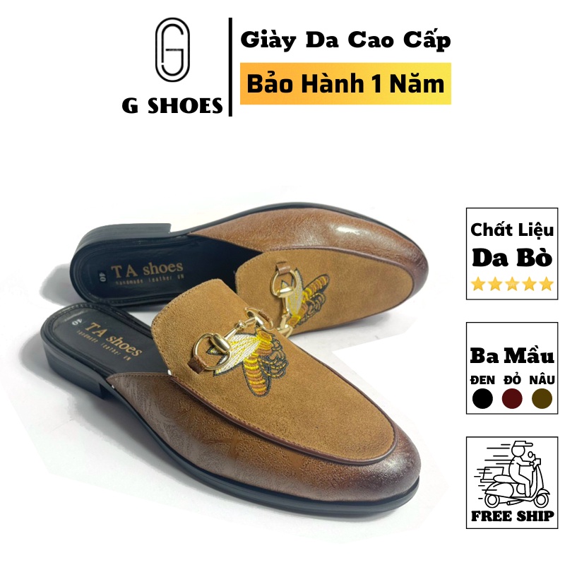 Giày sục nam cao cấp họa tiết thêu ong da bò thật bảo hành 12 tháng - Mã T16