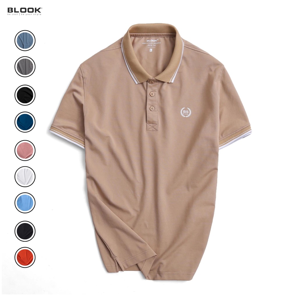 Áo Polo nam BLOOK cổ bẻ vải thun cotton màu trắng phối sọc xanh, xuất xịn 33389