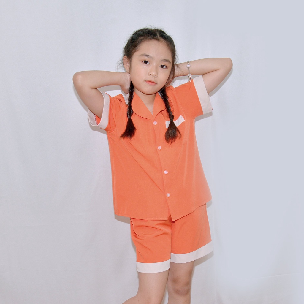 Bộ đồ ngủ pijama bé gáÍ MÀU CAM PHA CỔ - Vải lụa mềm mại, màu sắc tươi mới, mang lại cho bé cảm giác cực kỳ dễ chịu