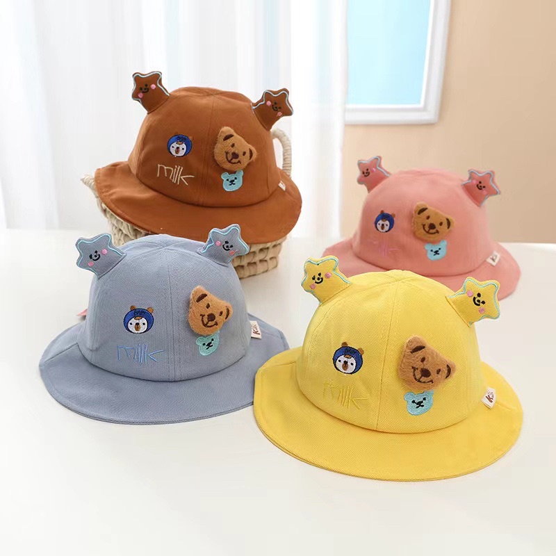 Mũ cho bé trai bé gái vành bucket hình gấu rơi thêu chữ đáng yêu , phù hợp 5 tháng - 4 tuổi