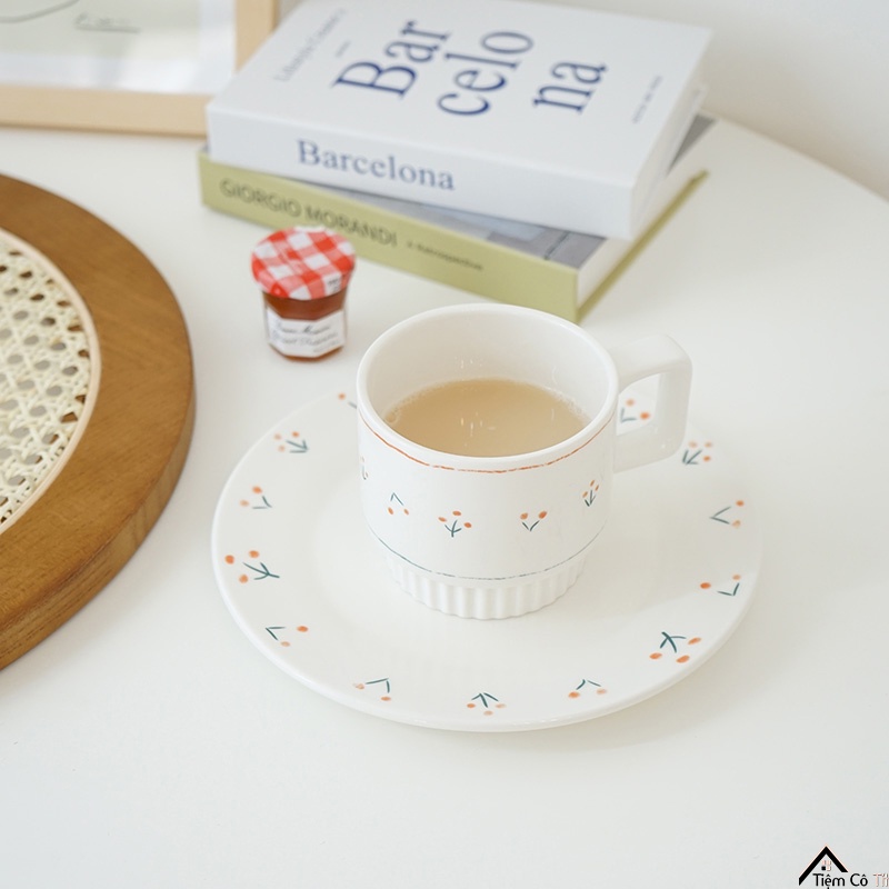 Set đĩa cốc vintgae hoạ tiết cherry vẽ tay