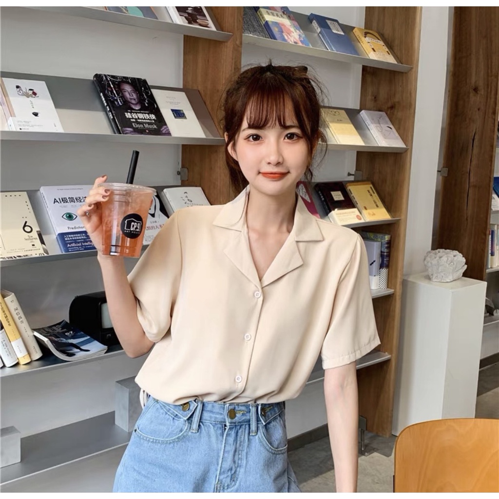 Áo Sơ Mi công sở tay ngắn nữ cổ vest đơn giản basic kiểu Hàn Quốc trắng form rộng bigsize đi học K5T6-1
