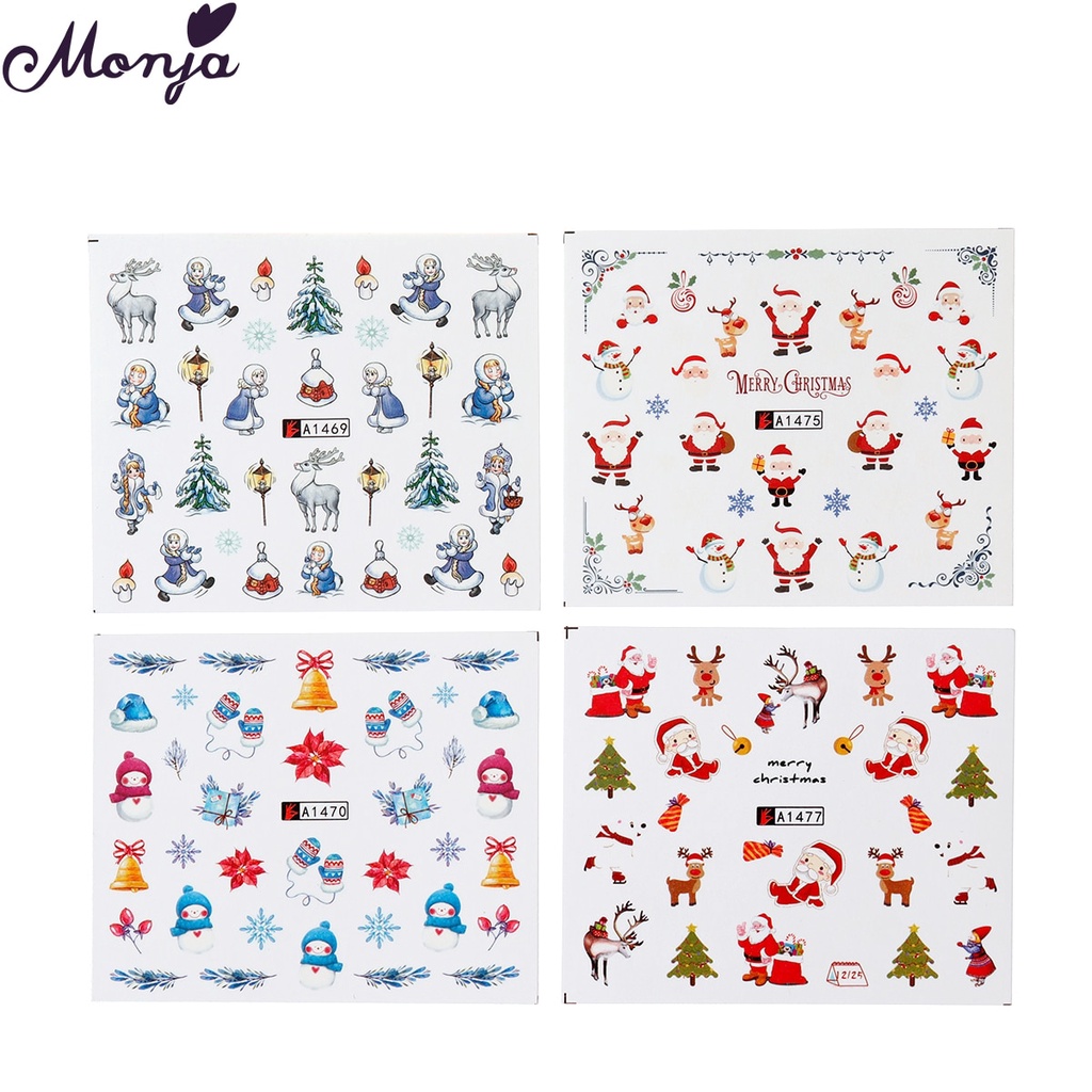 [Hàng mới về] Bộ 24 miếng dán trang trí móng tay hoạ tiết bông tuyết tuần lộc người tuyết phong cách Giáng Sinh MONJA