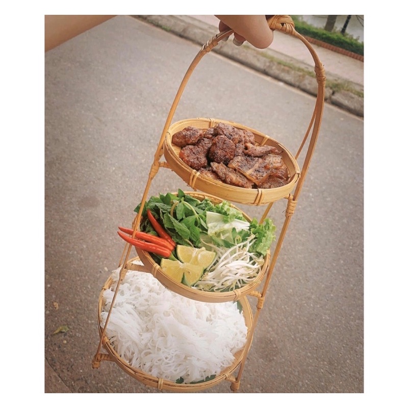 Kệ Bánh 3 Tầng Dĩa Tròn Bằng Mây Tre Lớn