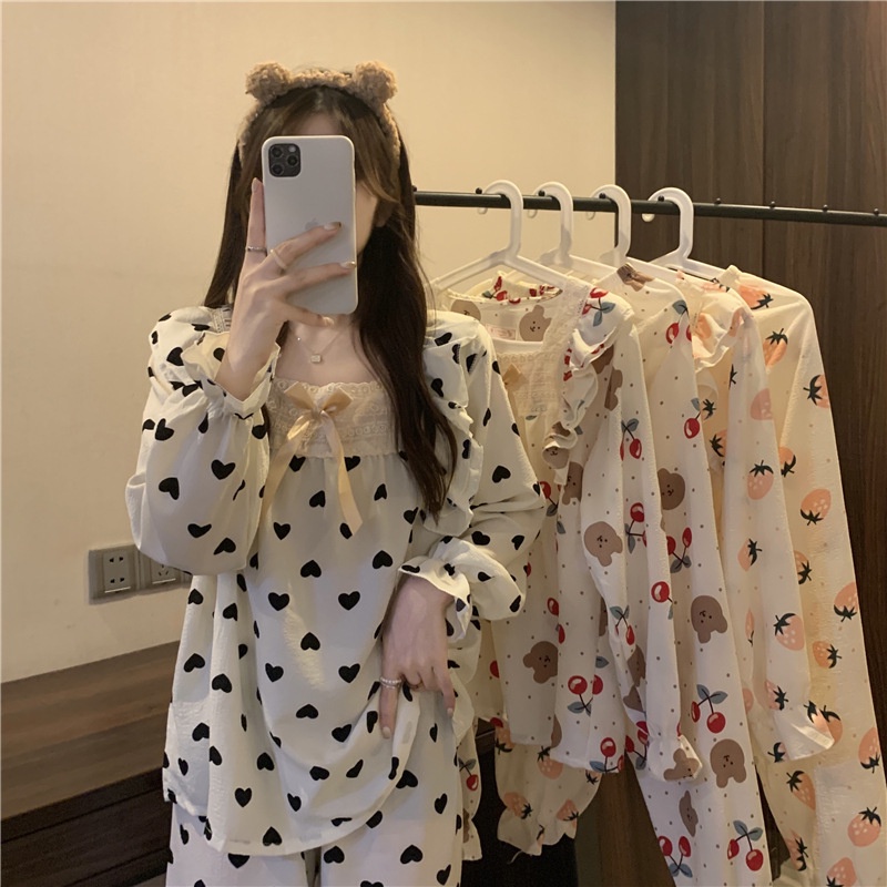 Bộ Đồ Ngủ Nữ Quần Áo Mặc Ở Nhà Dài Tay Vải Cotton Giãn 4 Chiều Mùa Xuân Thu Đông Dễ Thương Kute Kiểu Hàn BĐN118