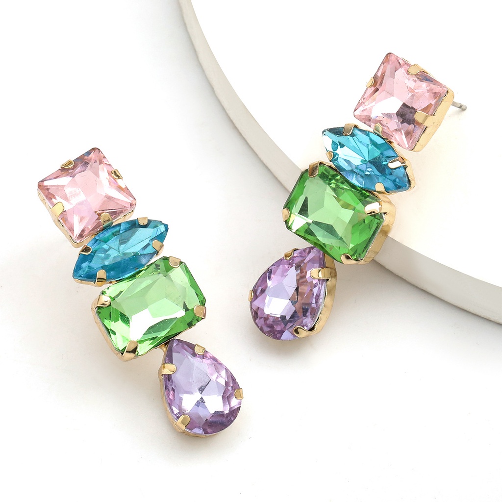 Khuyên tai PINKDUDU PD347 hợp kim mặt thủy tinh dáng vuông/ giọt nước đính đá lấp lánh thời trang cho nữ