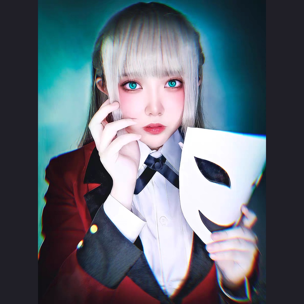Wig/tóc giả màu xám cosplay Ririka Momobami Kakegurui học viện đỏ đen cờ bạc