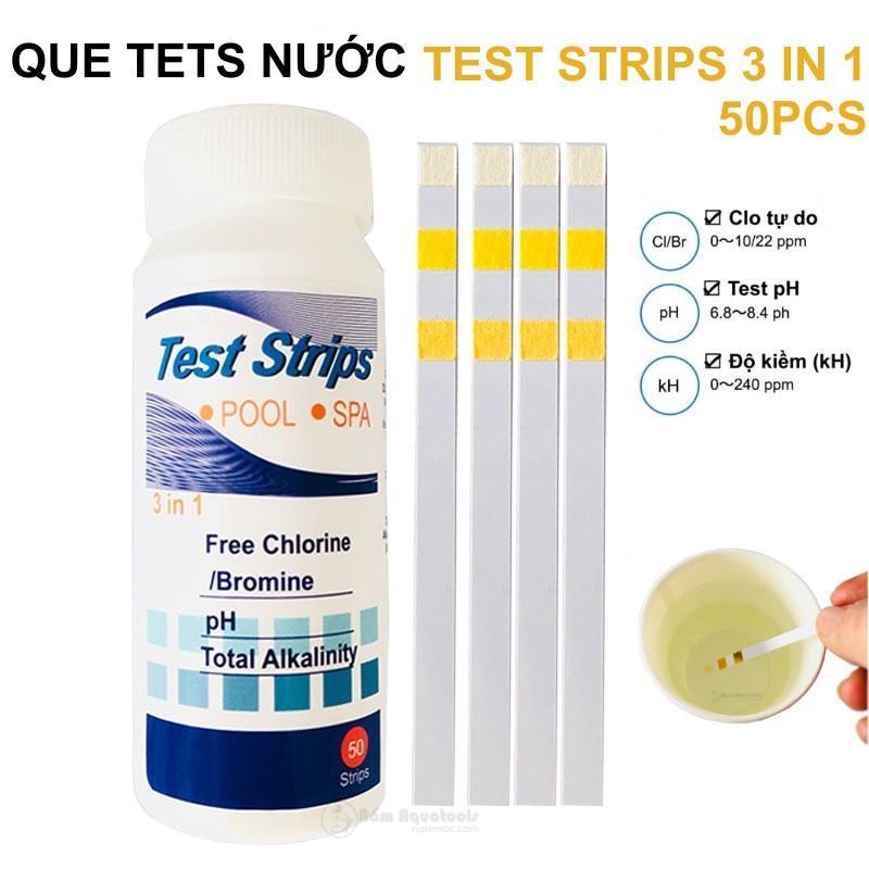 Test Strips 3 in 1 | Que Tets Nước 3 trong 1 | Kiểm tra Clo - pH - Độ kiềm (kH) cho Bể cá cảnh, thuỷ sinh