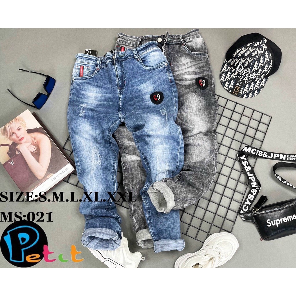 Quần jean dài bé trai size lớn, phối wash rách nhẹ thời trang, chất jean cao cấp (Size 34-47kg)