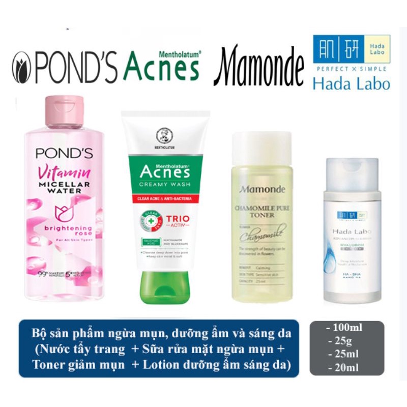 COMBO 4 MÓN SKINCARE NGỪA MỤN, SÁNG DA VÀ DƯỠNG ẨM