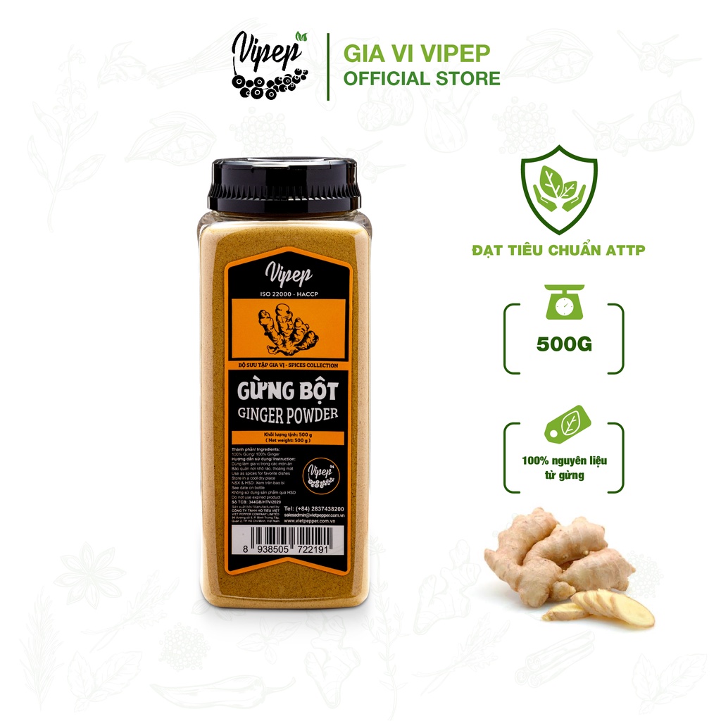 Bột gừng Vipep 500g nguyên chất 100% - gia vị tẩm ướp, nêm nếm món ăn, có thể dùng làm trà gừng hỗ trợ tiêu hoá