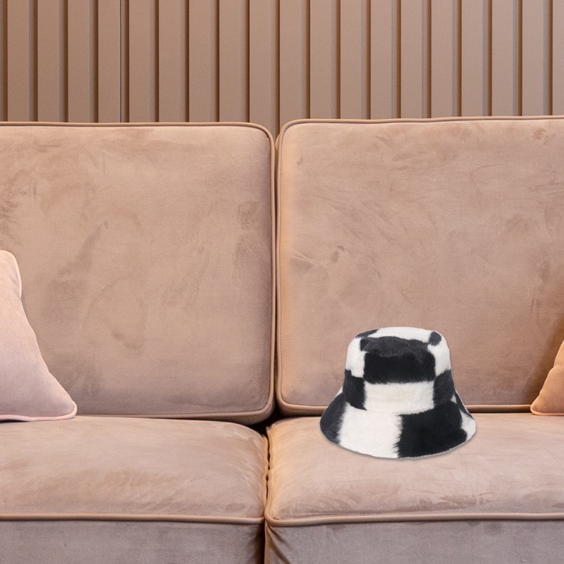 Mũ Tai Bèo Giả Lông Thỏ Họa Tiết Sọc Caro Trắng Đen Thời Trang