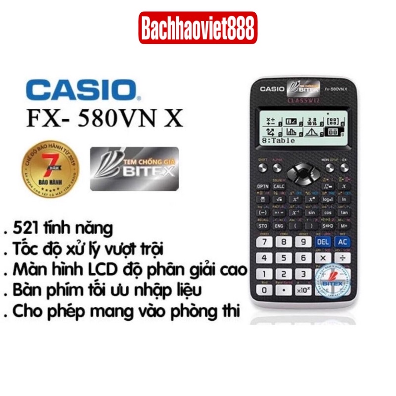 Máy tính Casio FX 580VN X xuất xứ Thái Lan, máy tính khoa học FX 580VNX cho học sinh bảo hành chính hãng 7 năm. ClassWiz