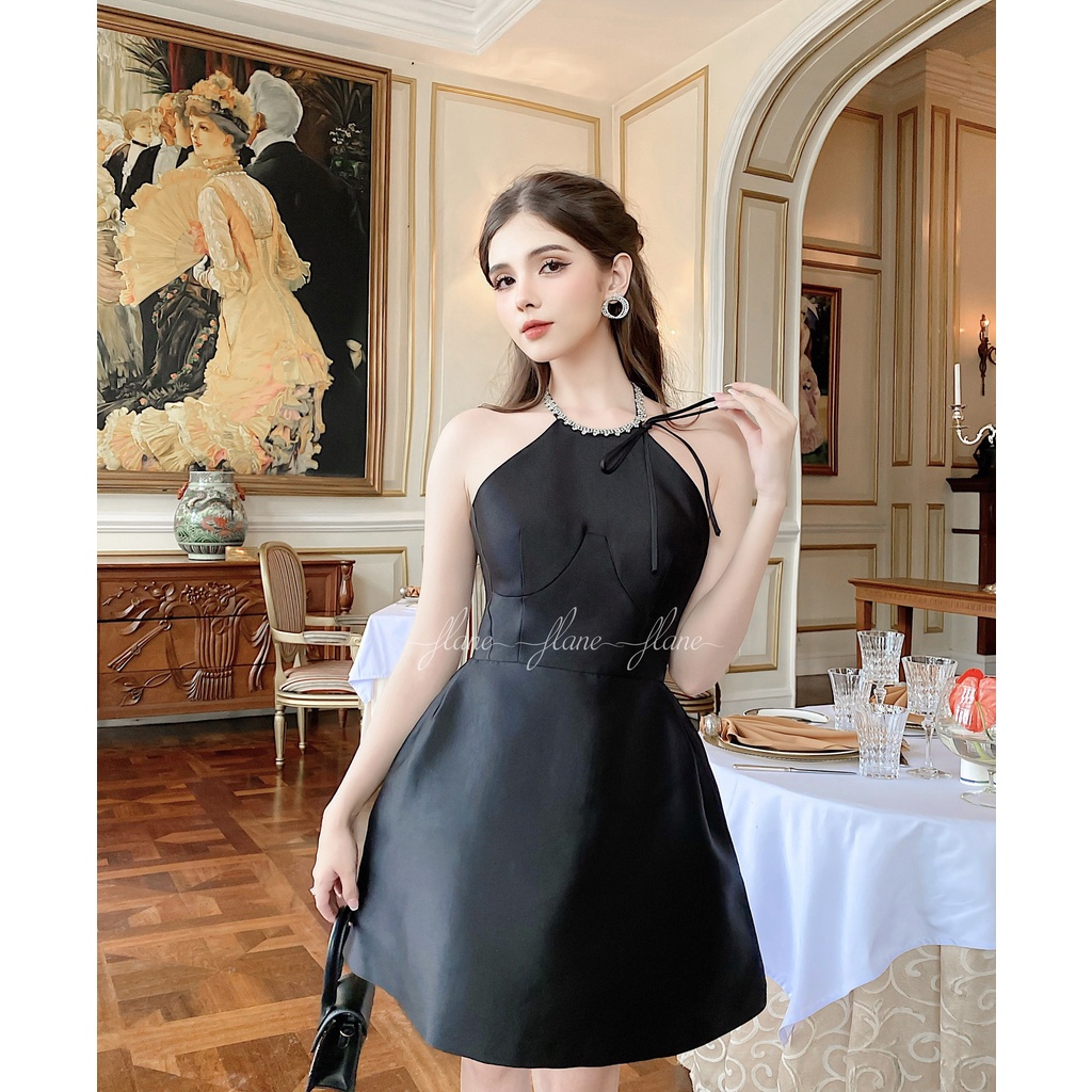 Đầm tapta đen cổ đính đá - Thiết kế Flane cao cấp - đầm dự tiệc