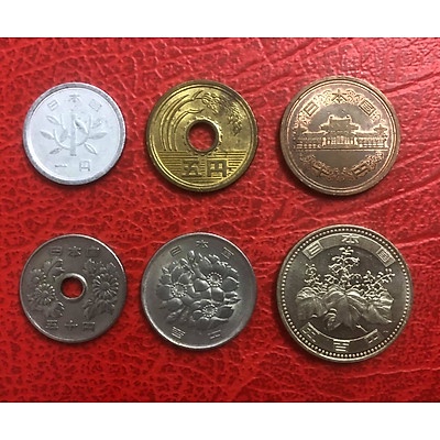 Bộ 6 Viên Xu Nhật Bản 1 Yên, 5 Yên, 10 Yên, 50 Yên, 100 Yên, 500 Yên