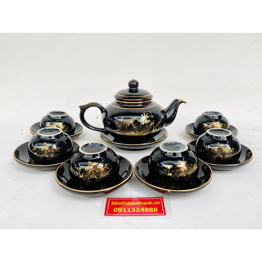 Bộ ấm chén men đen họa tiết Vinh Hoa Phú Quý Bát Tràng 350ml