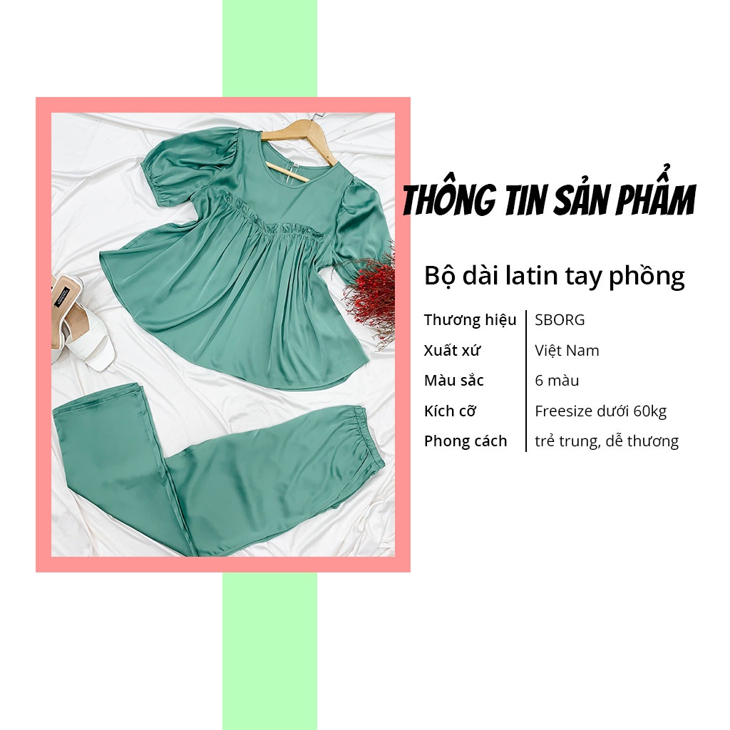 Đồ bộ mặc nhà SBORG bộ pijama lụa latin áo tay phồng babydoll dễ thương đáng yêu phối quần dài có túi freesize dưới 60kg