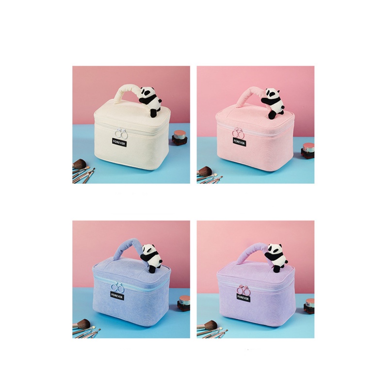 Túi Đựng Đồ Trang Điểm Chất Liệu Vải Nhung Kẻ Cao Cấp Hình Gấu Hoạt Hình