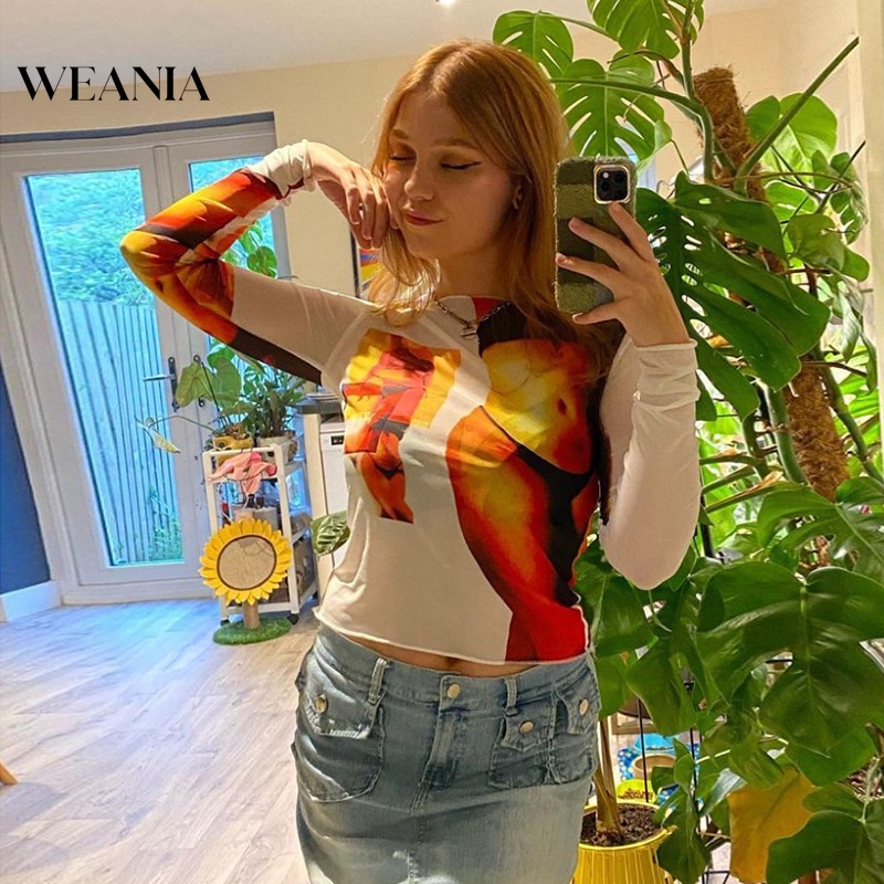 Áo Croptop Tay Dài Xuyên Thấu Hoạ Tiết In Thiết Kế Quyến Rũ