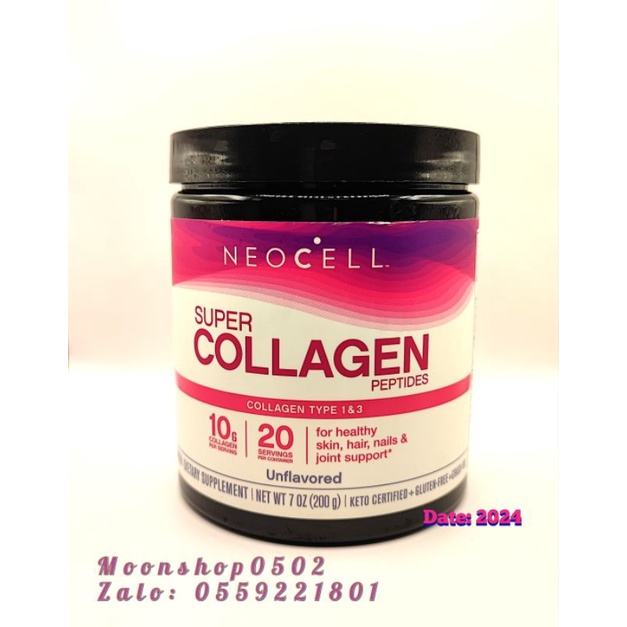 Bột Collagen , Collagen bôt tác dụng nhanh chóng ,Super Collagen Peptides Neocell 200g, Bột collagen thủy ngân 200G