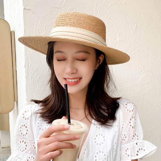 Mũ cói rộng vành gắn ruy băng siêu xinh, nón cói chuẩn form cao cấp