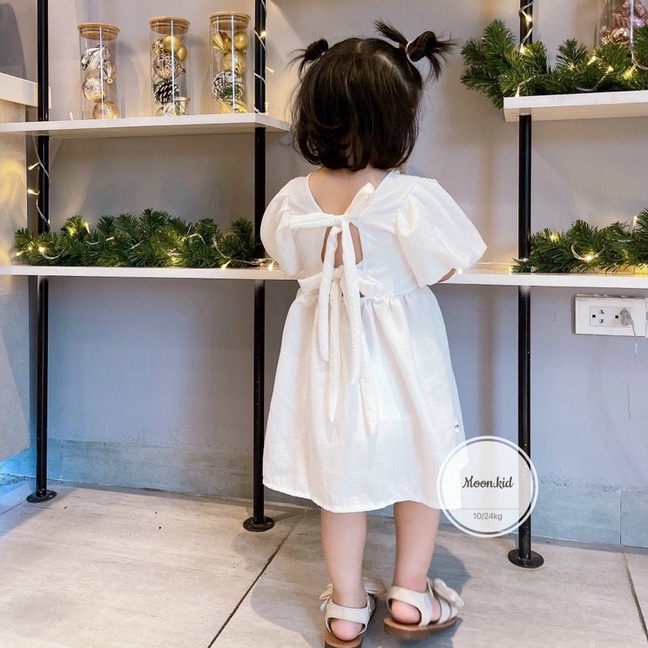 Váy tay bồng bé gái thắt nơ sau lưng, đầm công chúa siêu xinh vải đũi xốp mềm mịn