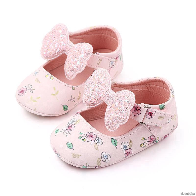 Giày Bé Gái Sơ Sinh Đế Mềm Chống Trượt Đính Nơ &amp; Hoa 0-12 Tháng