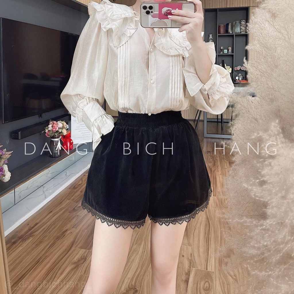 quần short nữ nhung phối ren xinh xắn sooc đùi mềm mịn sang chảnh cao cấp đùi phồng loại đẹp siêu sang cạp chun lưng cao