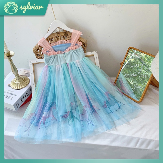 Đầm Lưới Chiffon Mùa Hè In Họa Tiết Hoạt Hình Cho Bé Gái 3-8 Tuổi