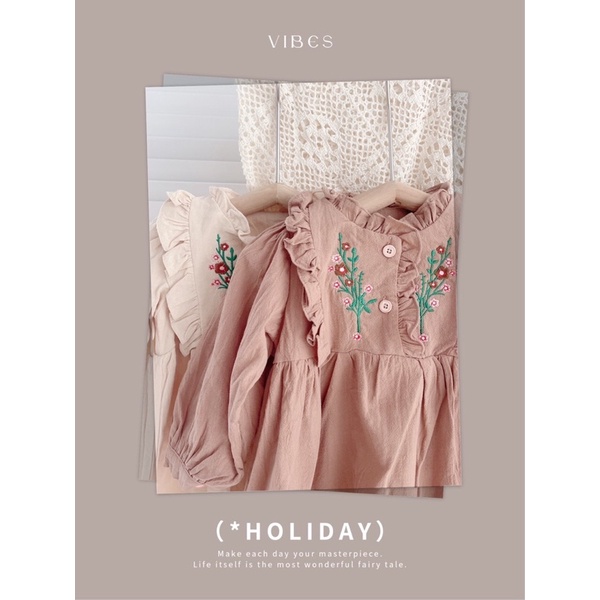 Váy thu dài tay vintage chất thô Hàn mềm cho bé 1-5 tuổi