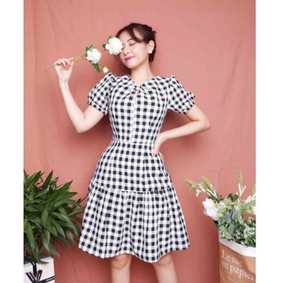 Đầm công sở caro thiết kế xòe đen trắng tay ngắn thời trang trẻ trung eo tôn dáng thời trang nữ đi làm đi chơi - Lux W