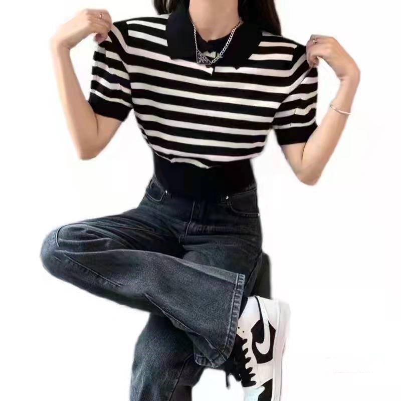 SUXI Áo Dệt Kim Tay Ngắn Kẻ Sọc Dễ Phối Đồ Thời Trang Phong Cách Hàn Quốc