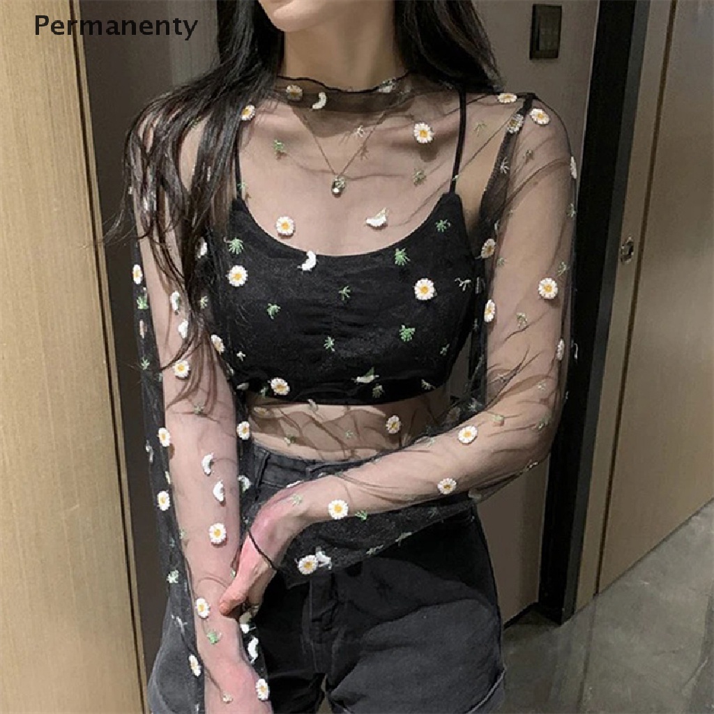 Áo thun vải lưới trong suốt tay dài gợi cảm thời trang