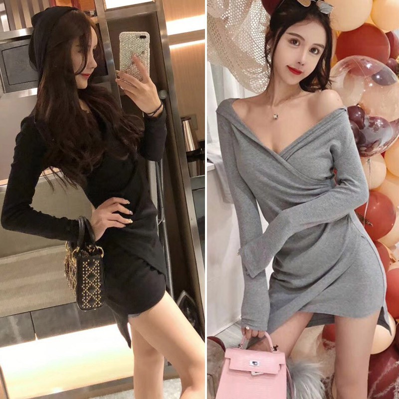 Women Sexy V-neck Irregular Solid Color Long-sleeved Mini Dress