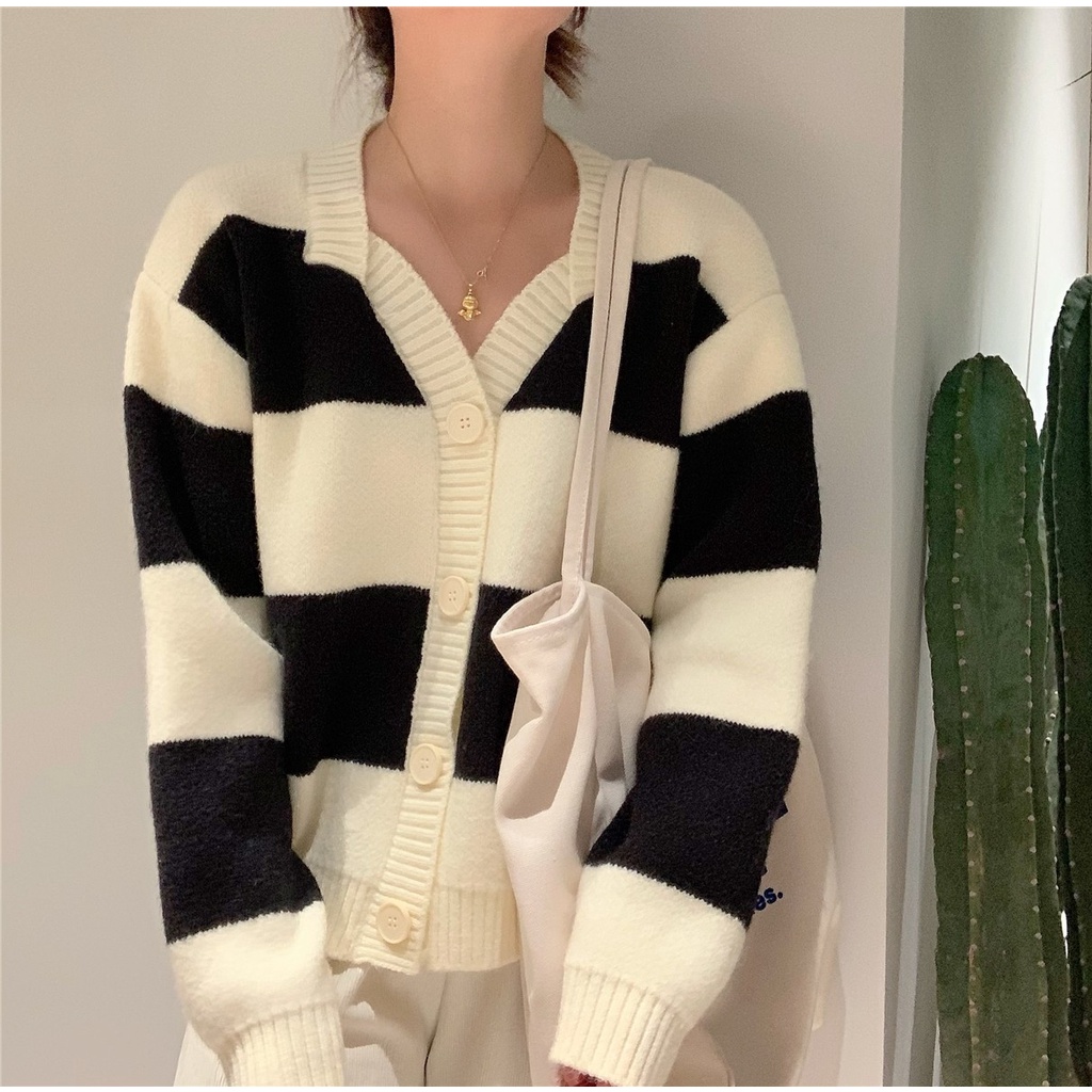 Áo cardigan ZHELIHANGFEI dệt kim tay dài cổ chữ V dáng rộng lưng cao hoạ tiết kẻ sọc cho nữ