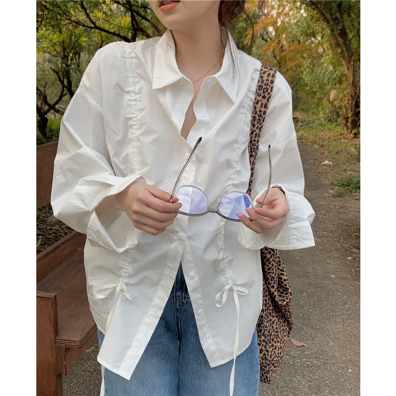 Áo Kiểu Tay Dài Dáng Rộng Phối Dây Rút Phong Cách Thời Trang Hàn Quốc Cho Nữ