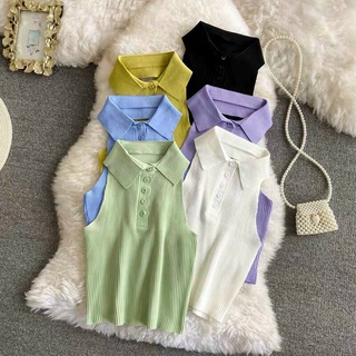 Áo yếm len cổ bẻ trơn màu tôn dáng