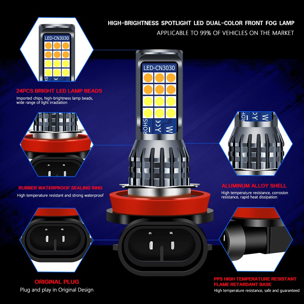 2 pc đèn LED sương mù 2 màu 24SMD H8 H11 H3 H4 H7 9005 HB3 9006 HB4 H16 P13W đèn sương mù ô tô