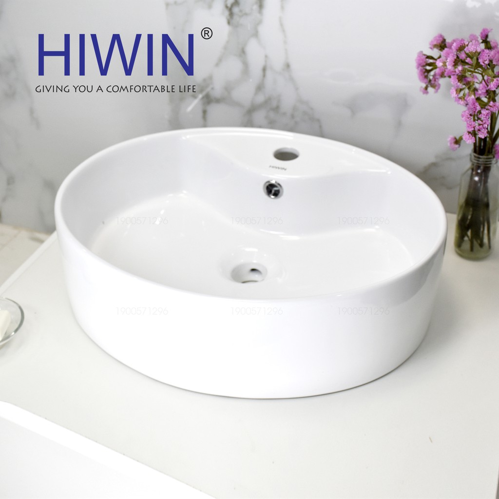 Chậu rửa mặt lavabo tròn trắng sứ cao cấp kích thước 510*425*150mm Hiwin LP-8085