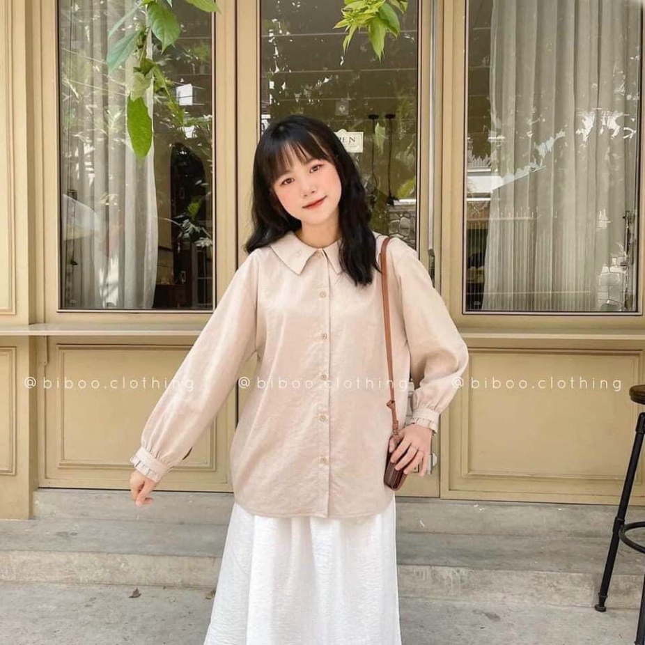 Áo sơ mi nữ dài tay form rộng thêu trái tim vải đũi 2 màu basic nội y xanh chất đẹp mầu trắng đen