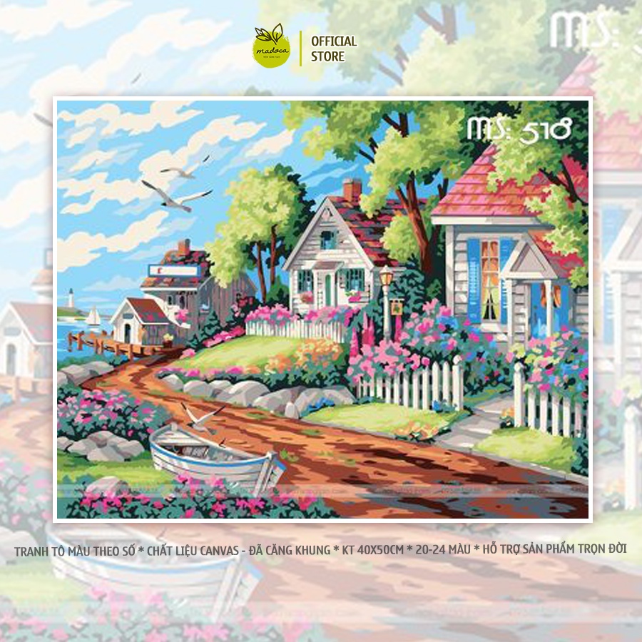 Tranh tô màu số hóa Madoca có khung 40x50cm Phong cảnh những căn nhà nhỏ T518