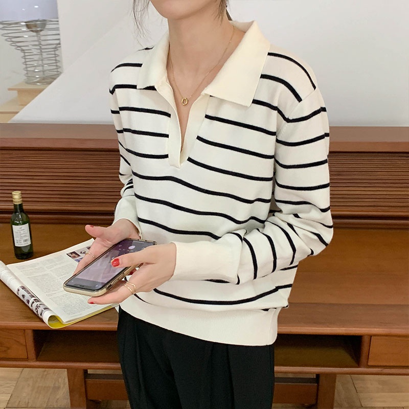 SUXI Áo Dệt Kim Tay Dài Dáng Rộng Kẻ Sọc Kiểu Retro Hàn Quốc Thời Trang Mùa Thu Cho Nữ