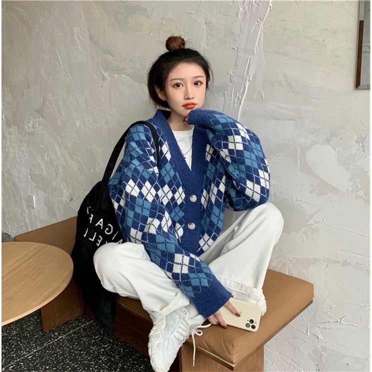 Áo cardigan len caro hình thoi kim cương Quảng Châu cao cấp đen hồng xanh phong cách Hàn Quốc mói nhất 2022 Kozoda AC22