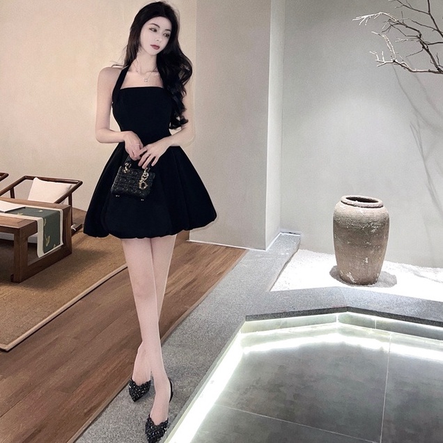 Đầm hai dây ZHELIHANGFEI màu đen thiết kế quyến rũ thời trang