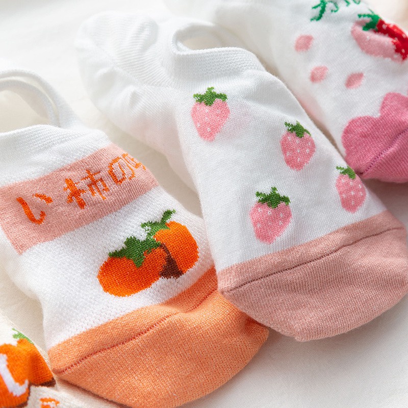 Set 5 Đôi Tất Nữ Cổ Ngắn Đi Hài Họa Tiết Dâu Cam Dễ Thương