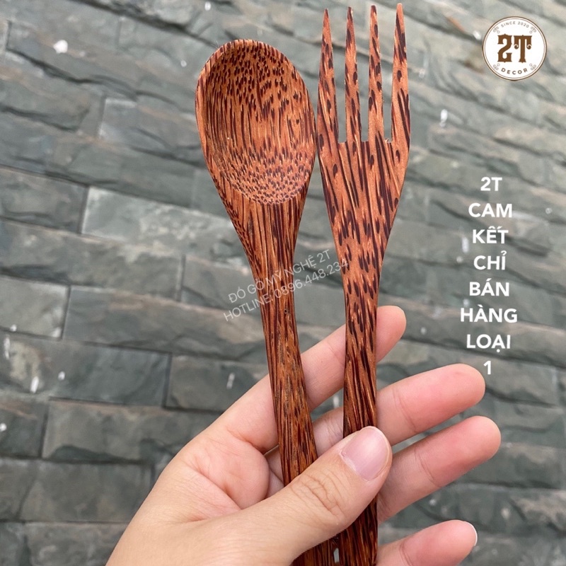 Combo 2 món: muỗng + nĩa gỗ dừa 16cm dùng trang trí , ăn trái cây ngũ cốc