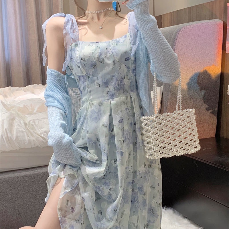 Đầm Lửng Hai Dây Ôm Eo In Họa Tiết Hoa Sơn Dầu Phong Cách Pháp Hàng Mới Thời Trang Mùa Hè Dành Cho Bạn Nữ