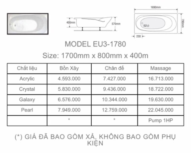 BỒN TẮM DÀI 2 YẾM EUROCA  - MODEL EU3 - 1780 - BẢO HÀNH 3 NĂM