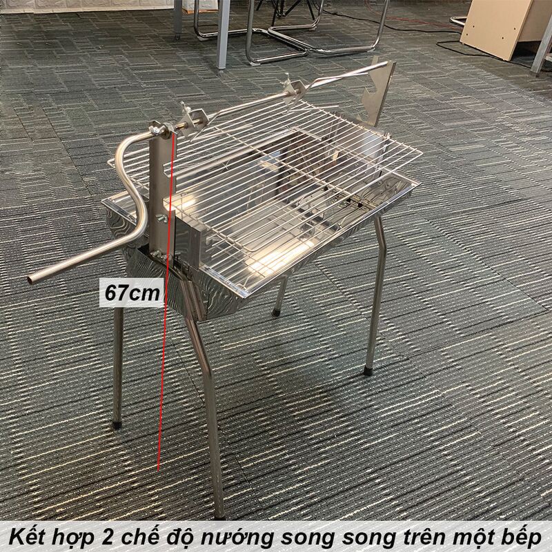 Bếp nướng than hoa không khói TBS chất liệu inox 304 toàn phần có 3 chế độ nướng kèm tay xoay dễ dàng xiên gà khi nướng